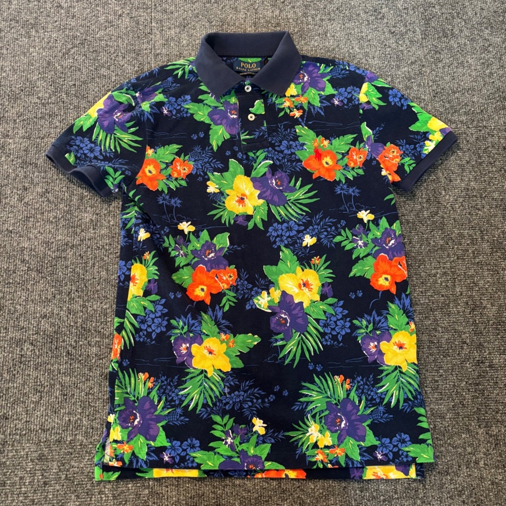 Polo Ralph Lauren Mens Custom Slim Fit Tropical Floral Polo Shirt Navy Small